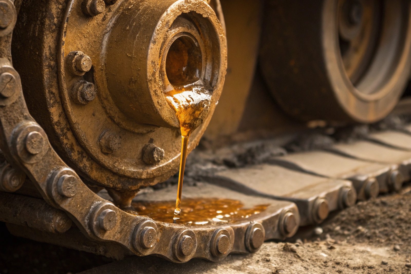 Machinery Lubrication Maintenance Industrial lubricant oil leaking from a heavy-duty machinery gear and chain system.