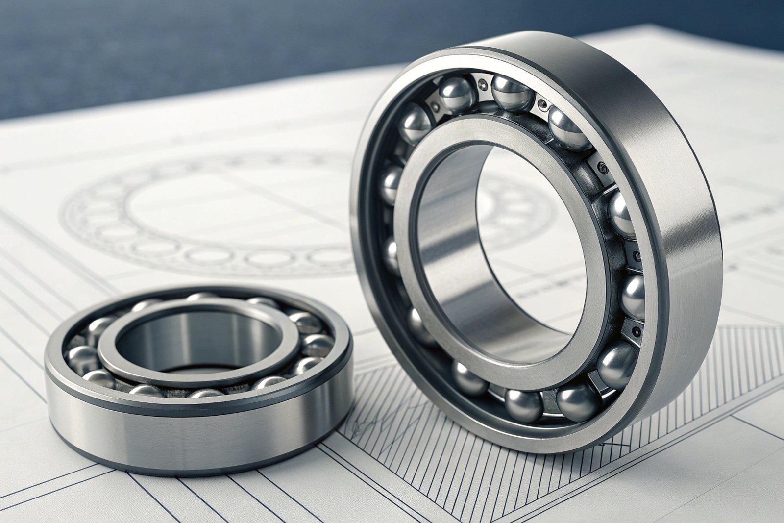 Precision Engineering Ball Bearings High-precision steel ball bearings placed on technical engineering design blueprints.