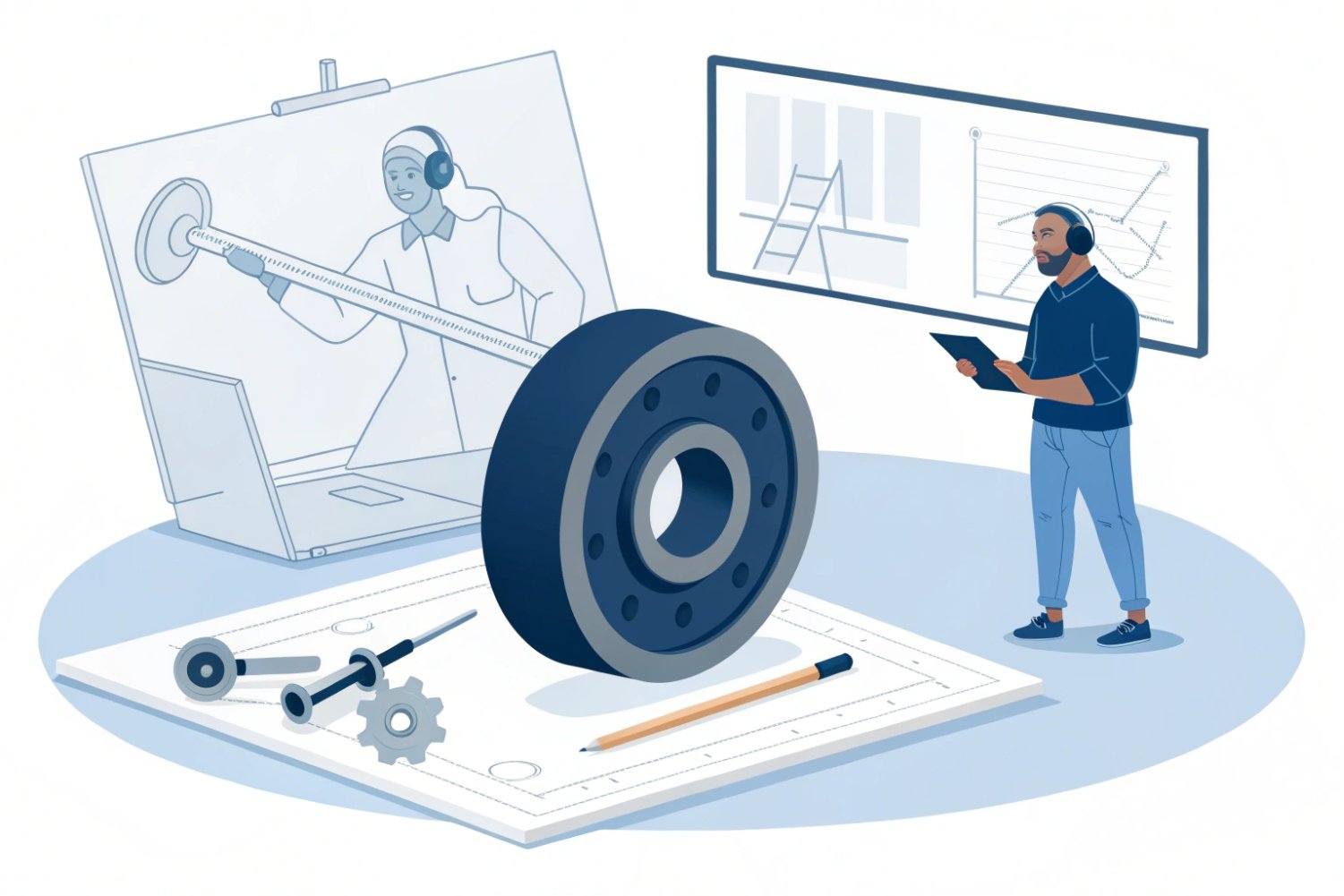 Mechanical Engineering Design Collaboration Illustration of engineers collaborating on technical mechanical design and data analysis for industrial parts