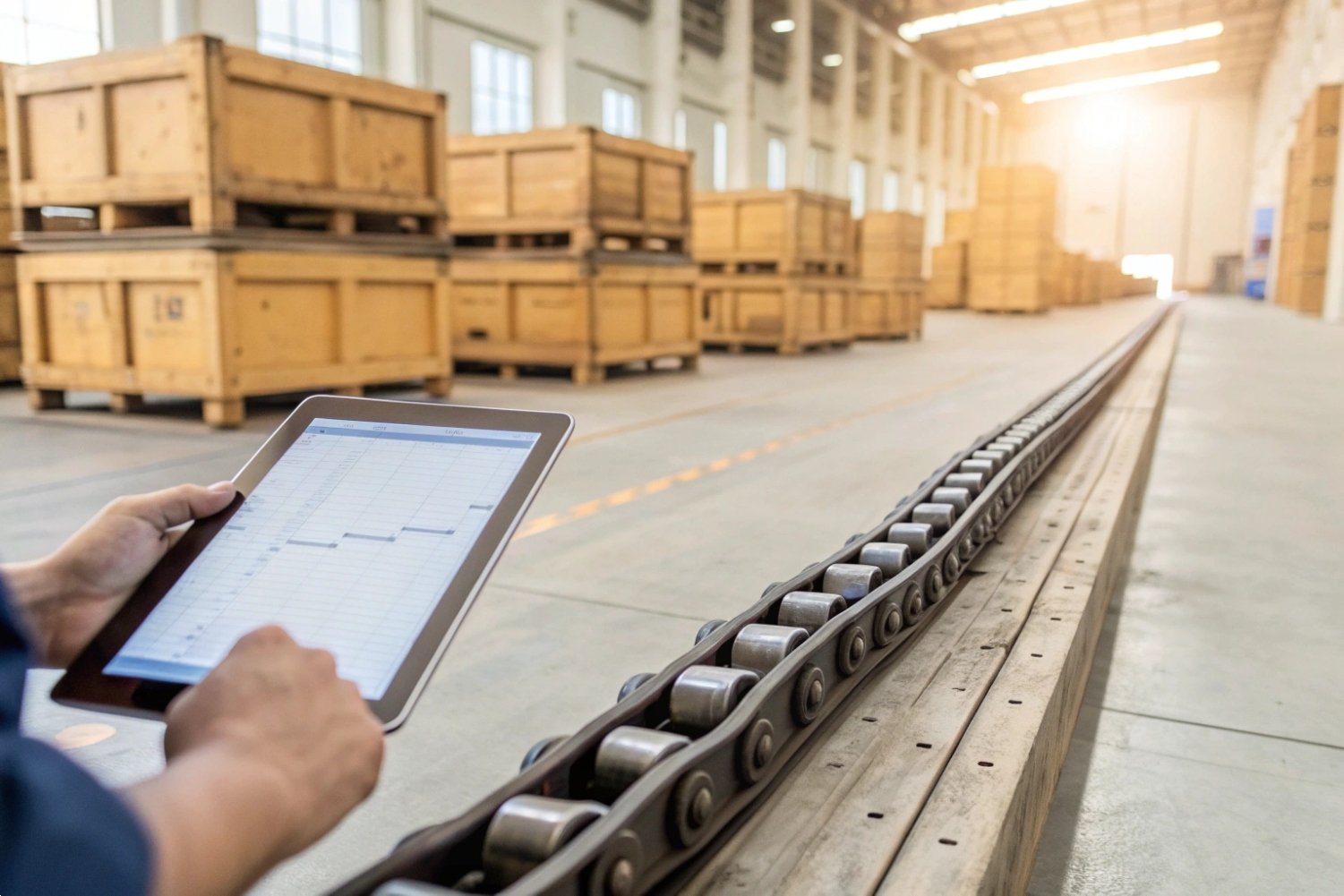 Smart Warehouse Logistics Management Worker using digital tablet for inventory tracking in a large shipping warehouse facility