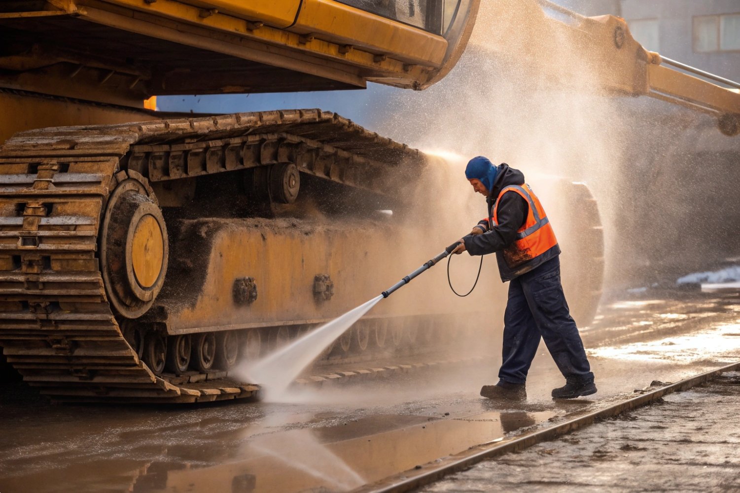 Excavator Underbody Pressure Cleaning Construction worker using high-pressure water spray to clean heavy excavator tracks and undercarriage