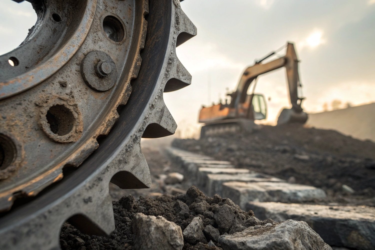 Excavator Sprocket Wheel Heavy-duty excavator sprocket wheel on a rugged construction site.