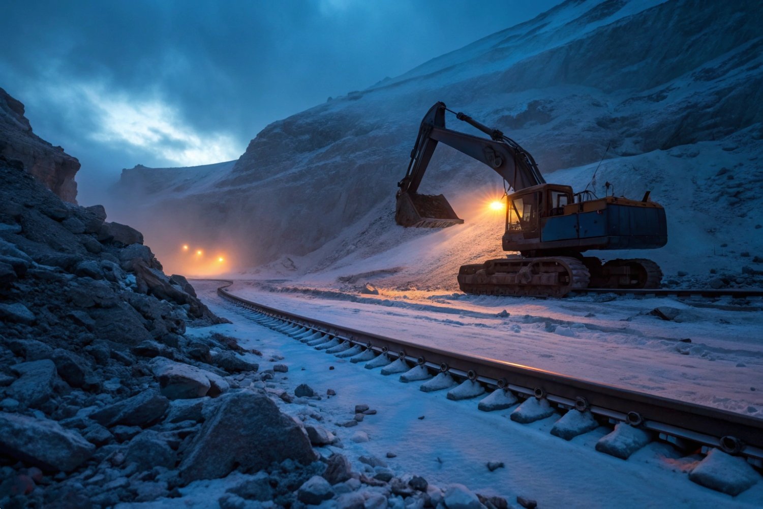Arctic Infrastructure Construction Heavy excavator working on a snowy mountain railway construction site during blue hour.