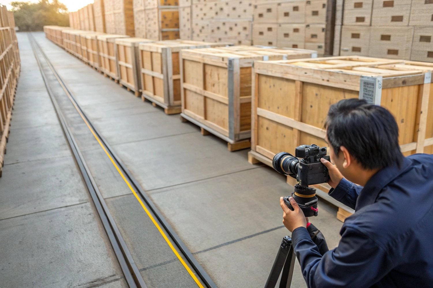 Industrial Logistics Product Photography A photographer using a tripod to capture photos of large wooden export crates in a warehouse.