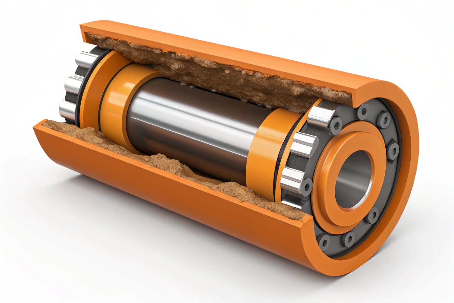 Lubricated Roller Bearing Model Cross-section 3D model of a lubricated industrial roller bearing showing internal components.