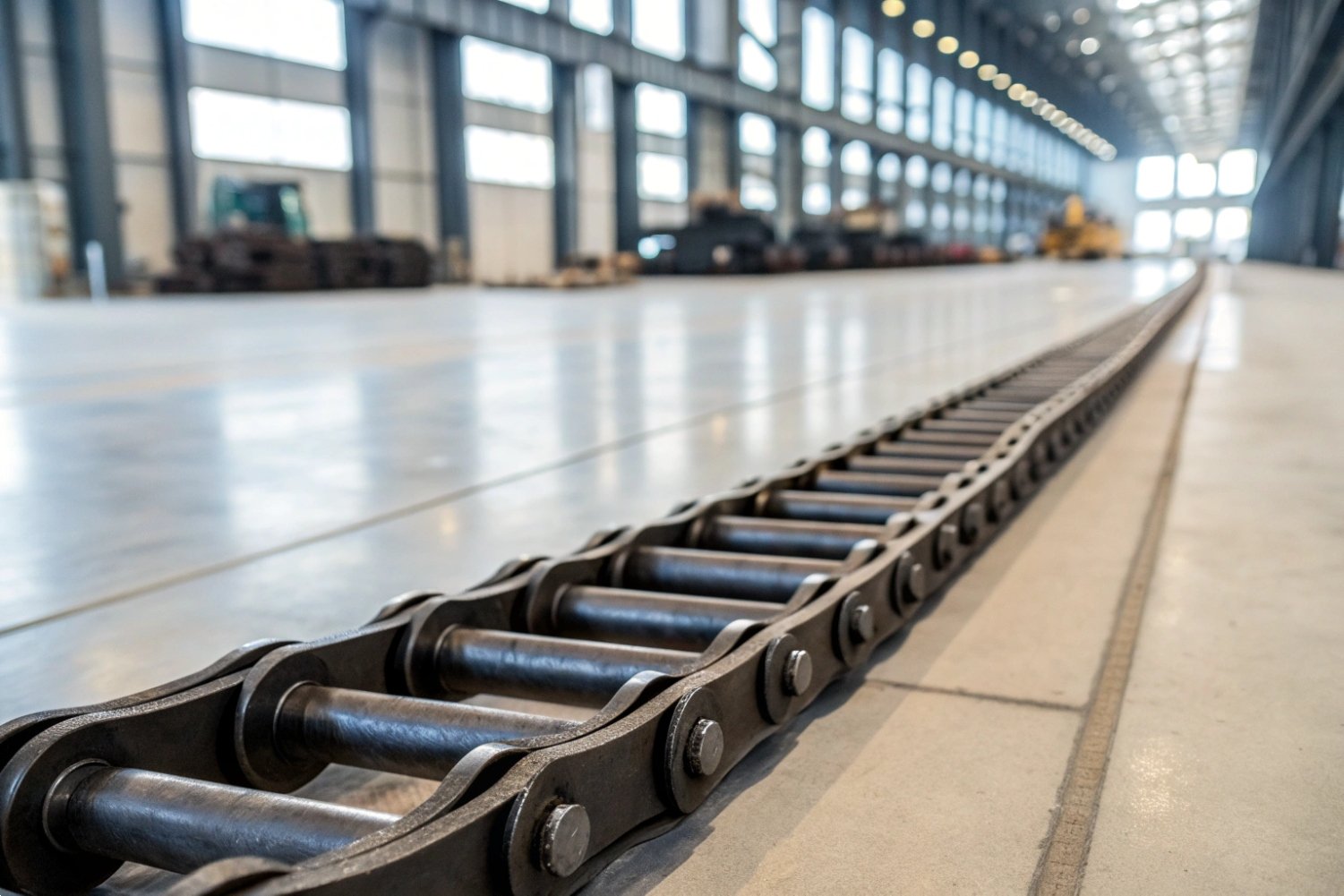 Industrial Conveyor Chain Link A long heavy-duty industrial conveyor chain laid out on a polished factory floor.