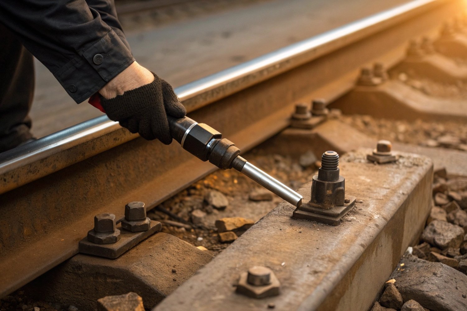 Railway Track Bolt Maintenance Maintenance worker using specialized tools to secure bolts on a railway track
