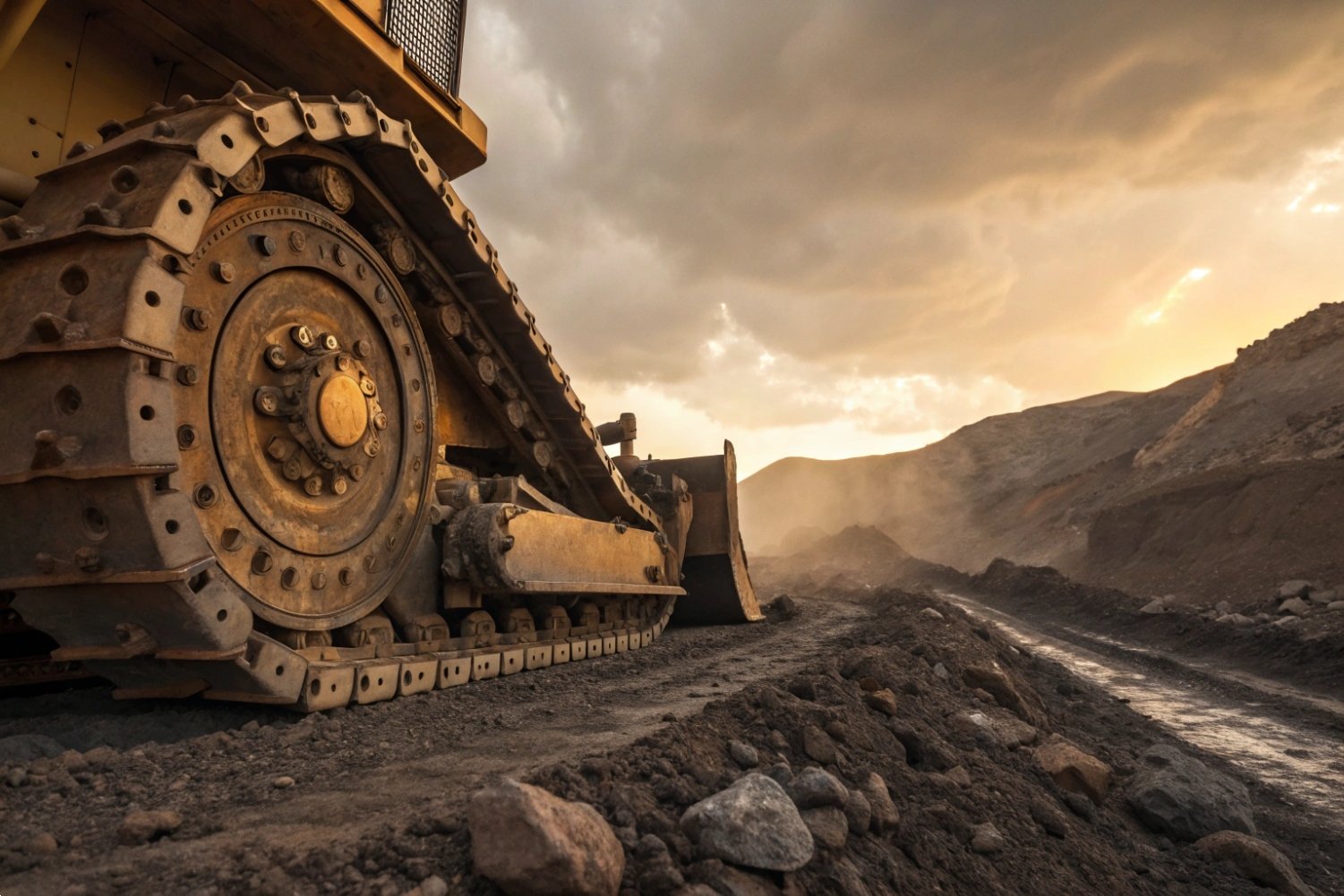 Construction Bulldozer at Sunset Yellow bulldozer tracks operating on an outdoor dirt construction site at sunset