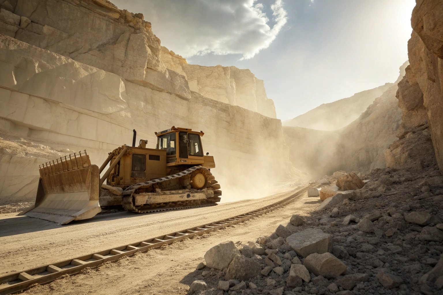 Bulldozer in Stone Quarry A powerful yellow bulldozer operating in a dusty stone quarry construction site.