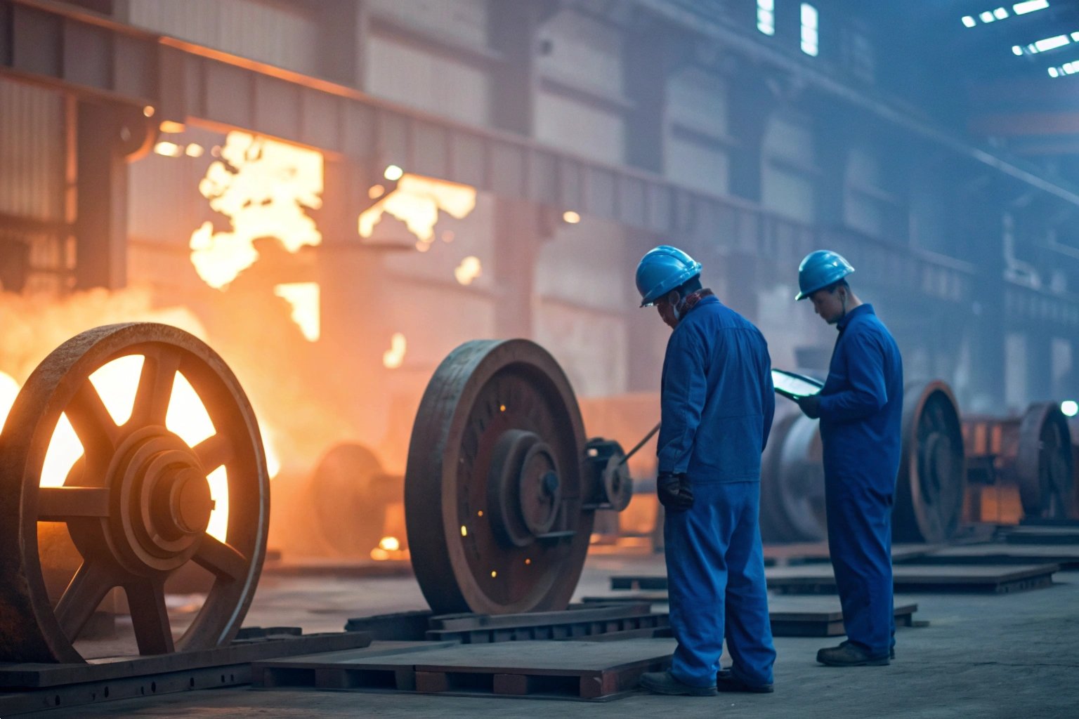 Steel Mill Production Monitoring Industrial workers in blue uniforms monitoring large metal wheels in a high-heat manufacturing plant.