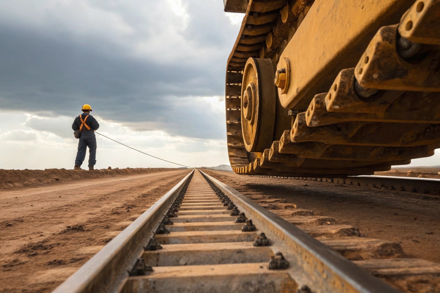Railway Infrastructure Surveying Construction worker surveying railway tracks next to large heavy equipment undercarriage.