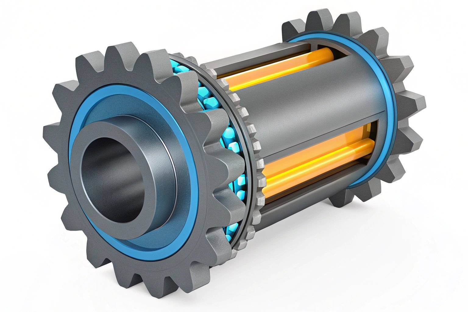 Industrial Gear Motor Mechanism 3D illustration of a gear-driven motor internal mechanism with glowing elements.