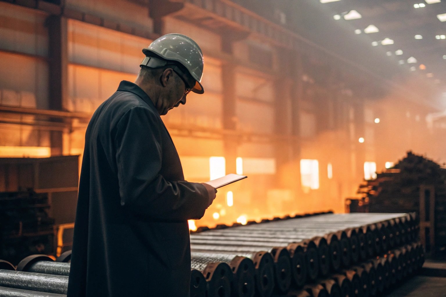 Undercarriage Machinery Inspection Industrial Engineer Wearing a Hard Hat Inspecting Bulldozer Undercarriage Machinery in a Steel Plant.