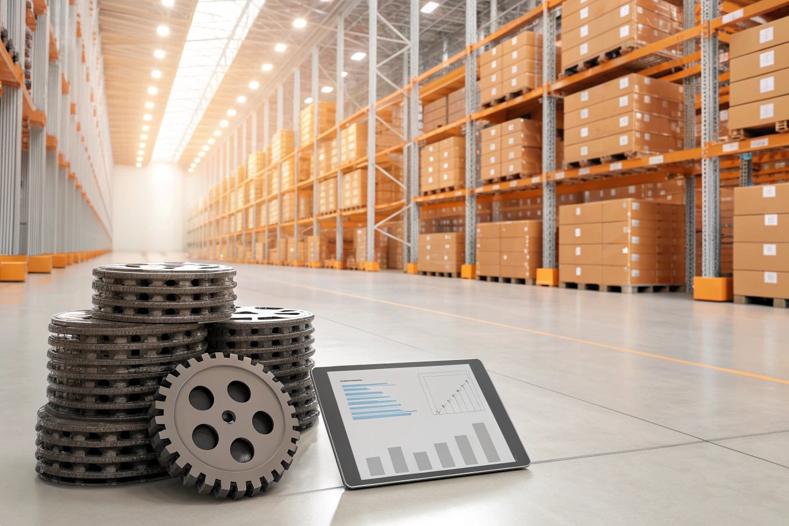Industrial Inventory Management System,industrial inventory,gear component storage,digital warehouse management,inventory data tracking,industrial parts warehousing Digital tablet showing inventory data in front of industrial gear components in a warehouse.