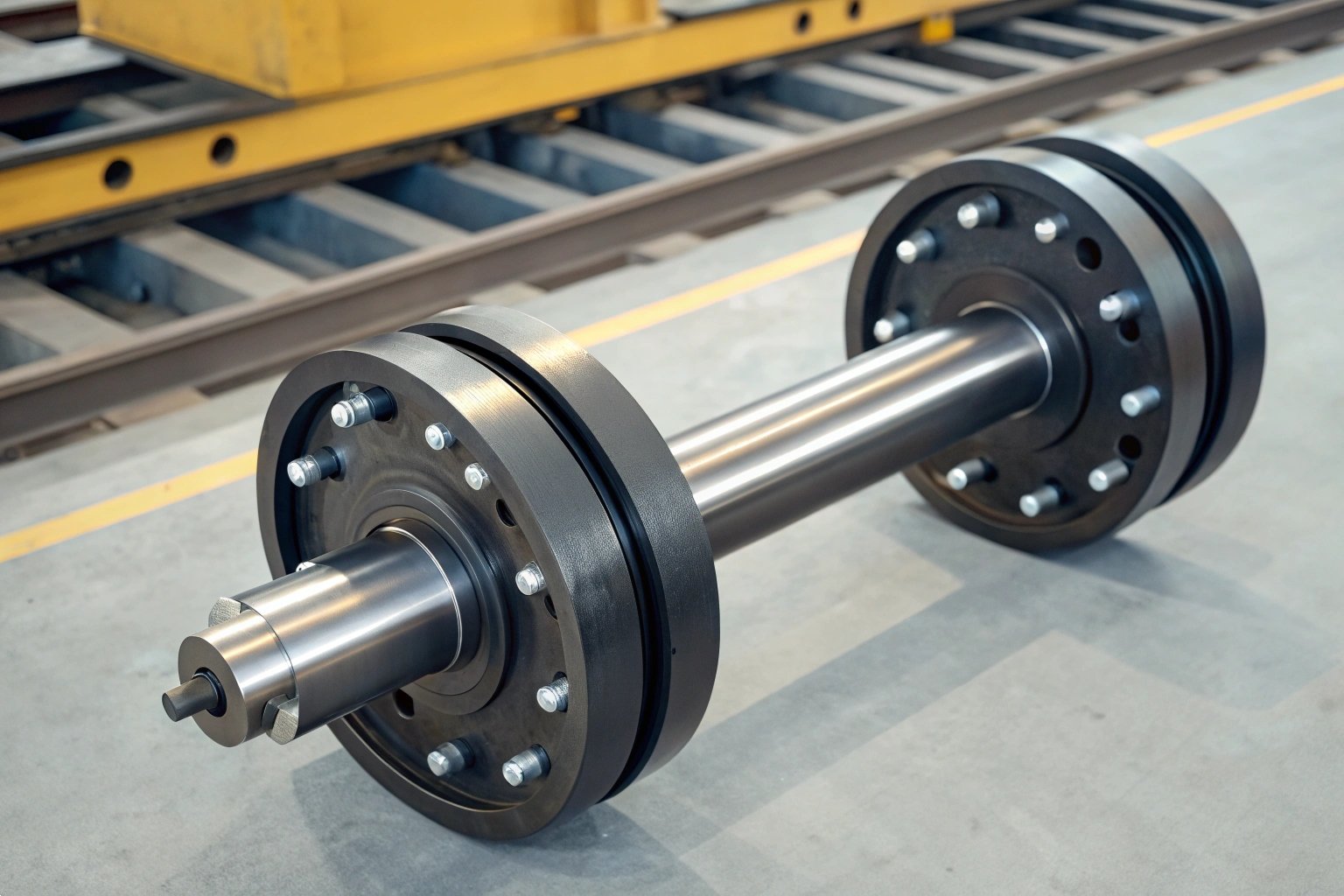 Heavy-duty Steel Railway Axle with Wheels | Maintenance Workshop | Train Axle Assembly | Industrial Rail Component Heavy duty steel railway axle with wheels in a maintenance workshop.