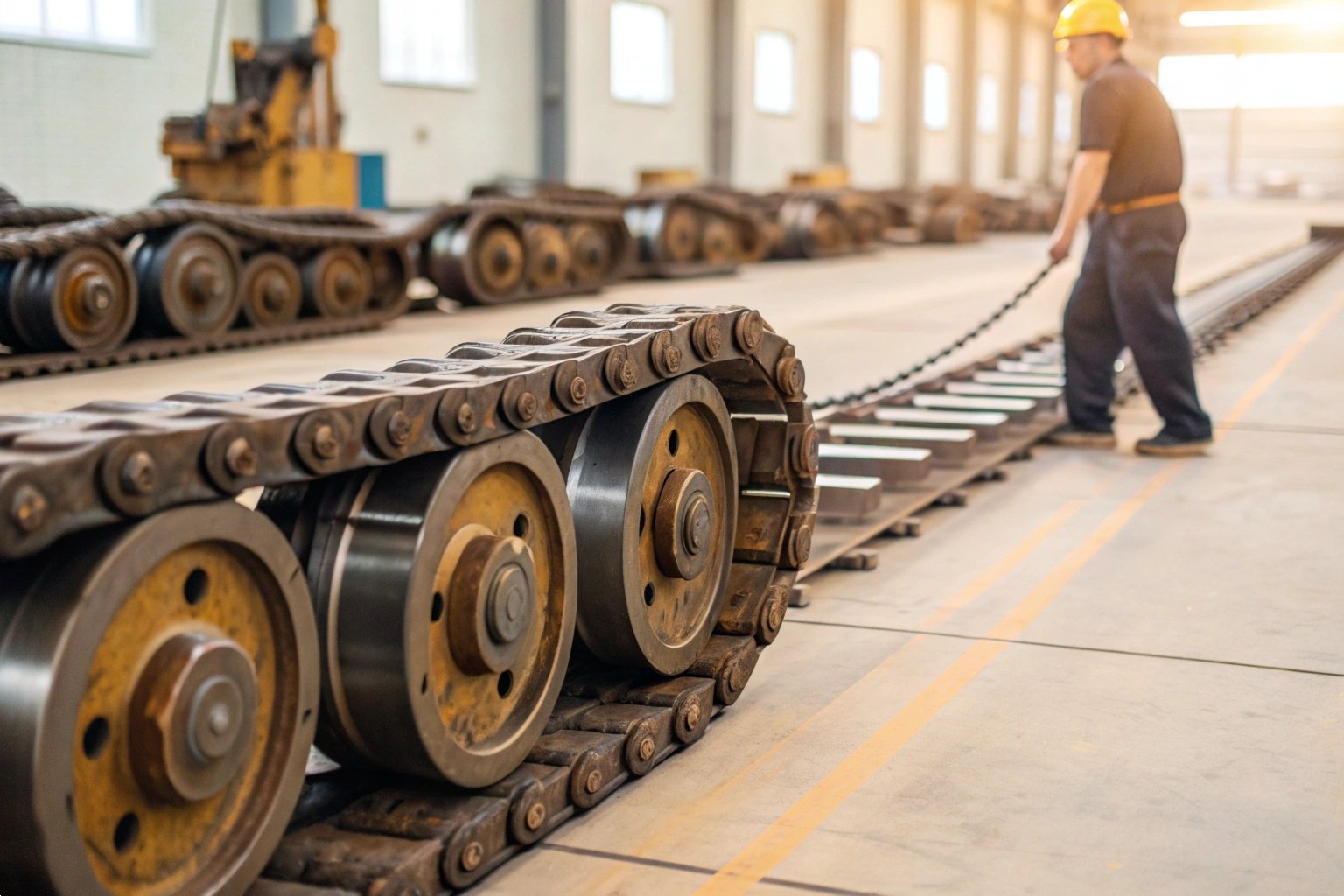 Worker Assembling Heavy Duty Excavator Undercarriage Track Chain in Factory