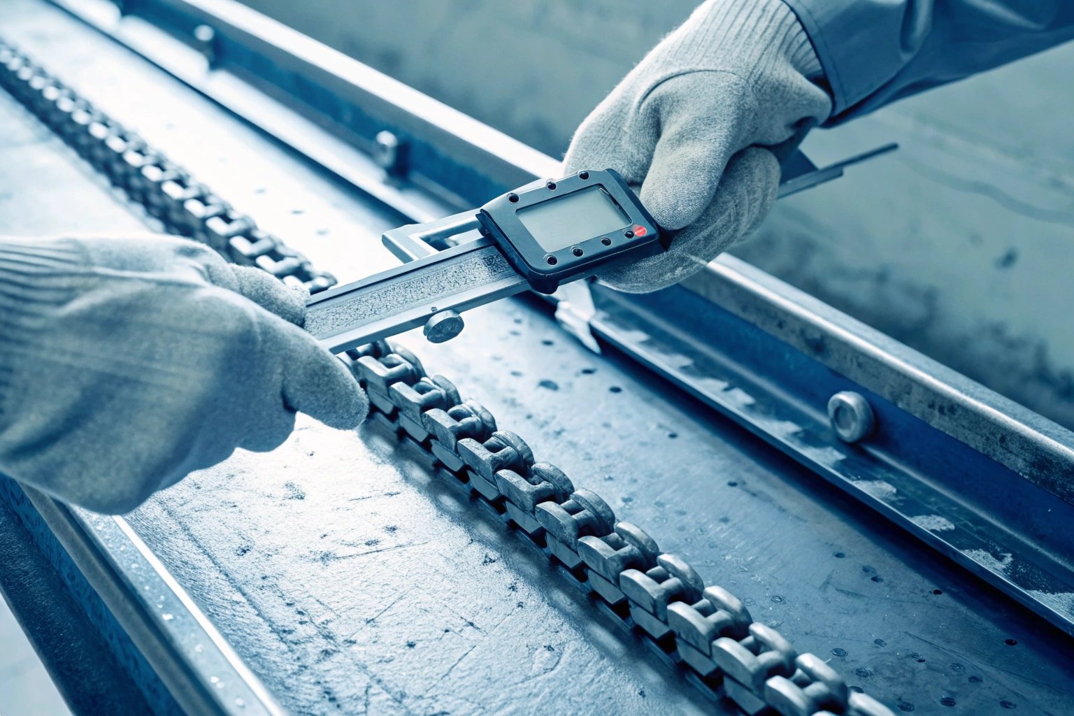 Worker Measuring Excavator Undercarriage Industrial Chain Link with Digital Calipers Close-up of a worker using digital calipers to measure industrial chain link precision.