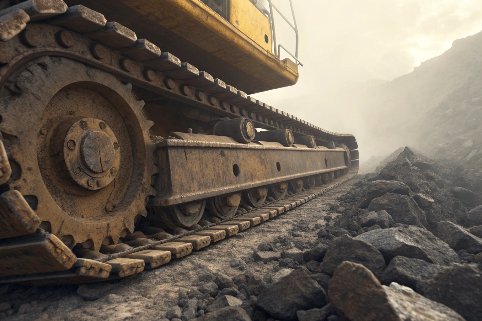 Low-angle view of excavator tracks on a rocky construction site during golden hour. Excavator Steel Tracks on Rocky Construction Site - Golden Hour View
