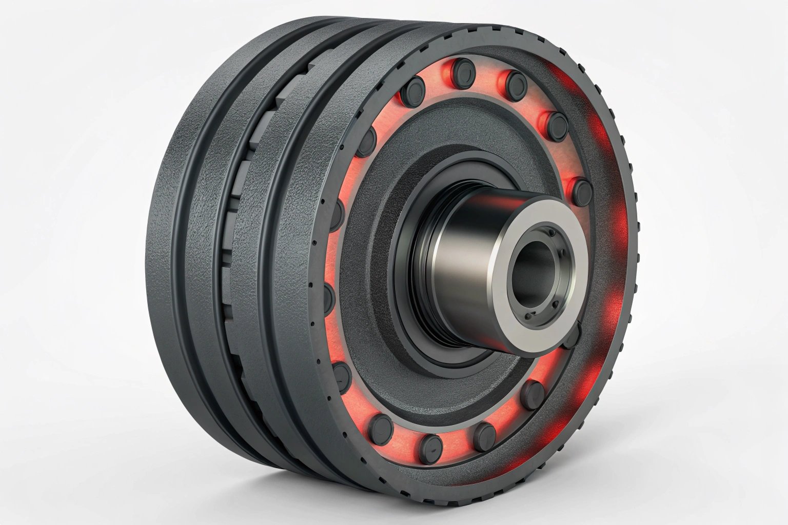 3D Rendering of Heavy Duty Excavator Undercarriage Idler Wheel with Red Internal Lighting 3D rendering of a heavy-duty industrial idler wheel with red internal lighting.