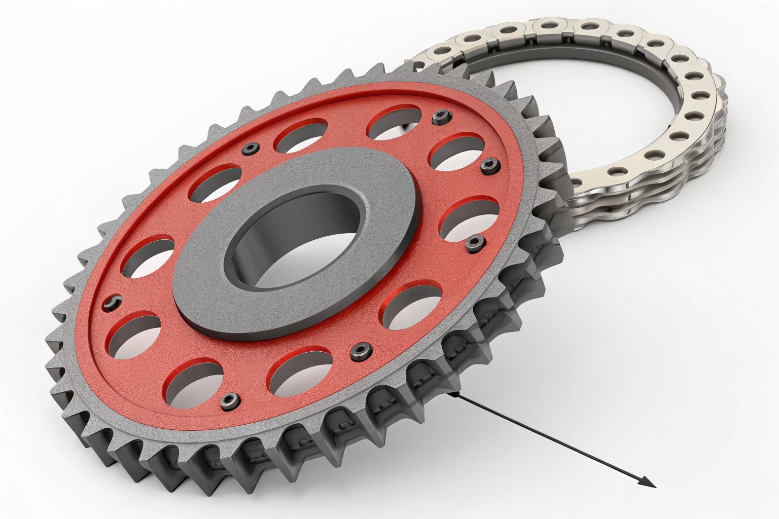 3D technical model of an industrial sprocket wheel and roller chain link assembly. 3D Technical Model of Excavator Undercarriage Sprocket and Roller Chain Assembly