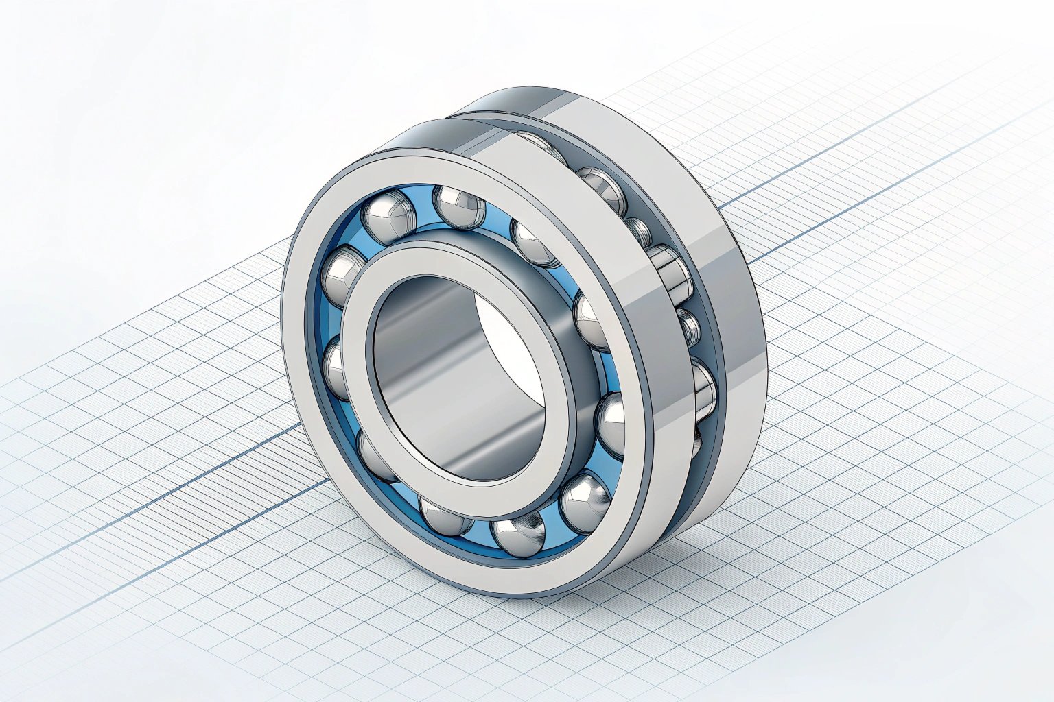 3D technical illustration of a steel ball bearing on a blue grid blueprint background. Precision Steel Ball Bearing for Excavator Undercarriage Parts - Blueprint 3D Illustration