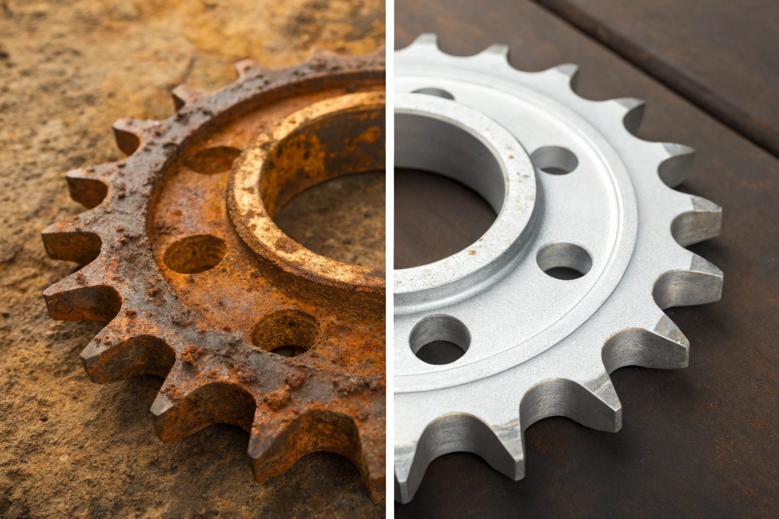 Rusted vs Refurbished Excavator Undercarriage Sprocket Side by Side Comparison Side-by-side comparison of a rusted metal sprocket and a clean, refurbished sprocket.