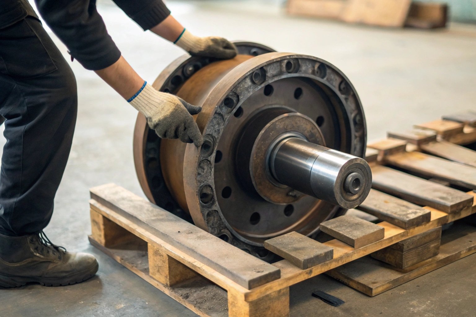 Heavy machinery technician moving a large steel idler wheel component on a wooden pallet. Technician Handling Heavy Duty Excavator Undercarriage Steel Idler Wheel on Pallet