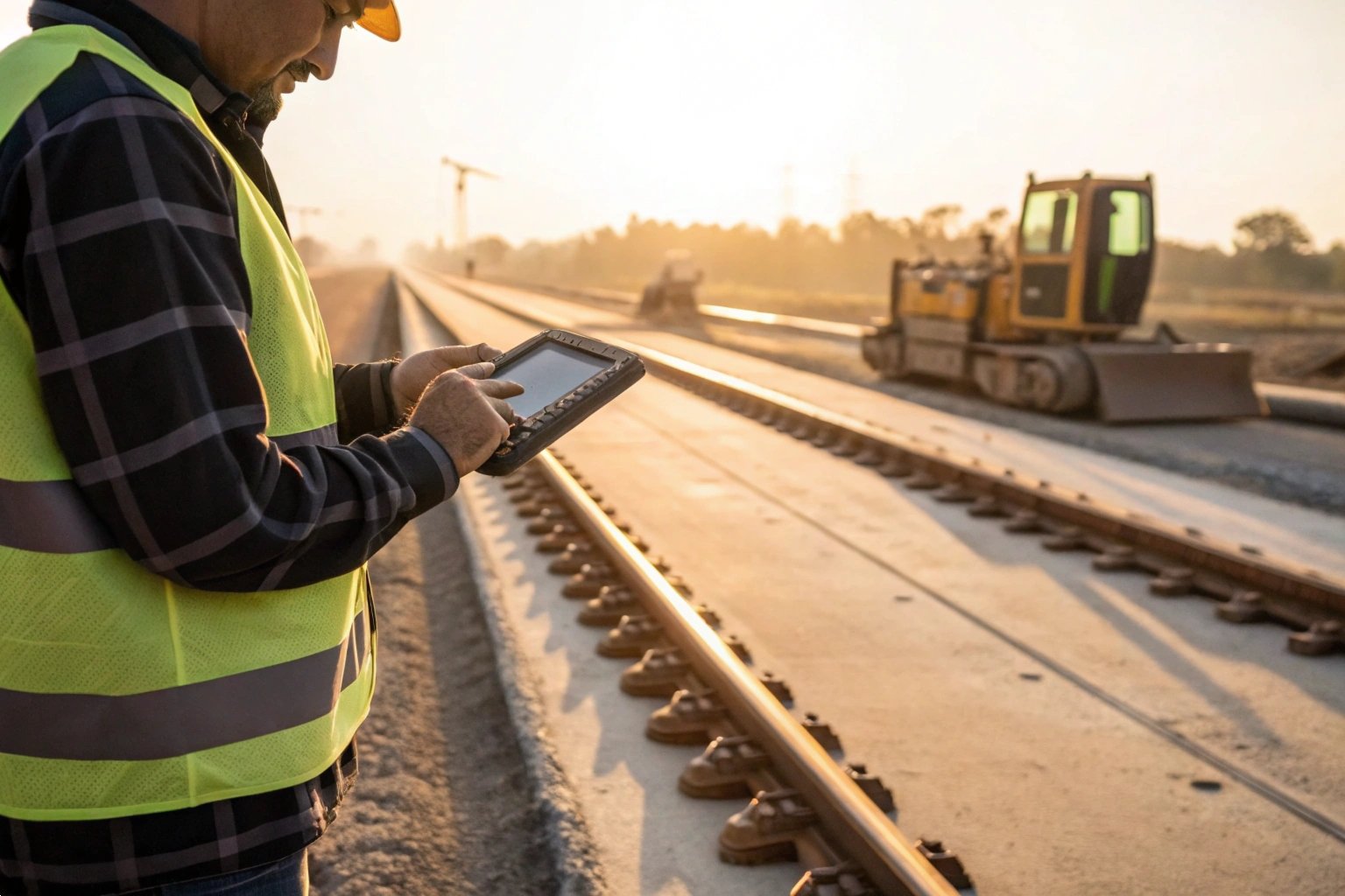 Engineer using a digital tablet to inspect railway construction progress during sunset. Engineer Inspecting Heavy Machinery Undercarriage Components on Construction Site
