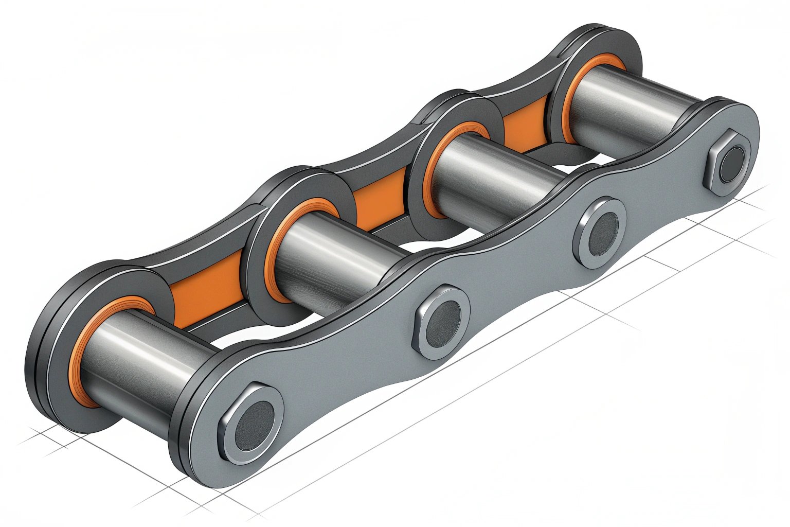 High Strength Excavator Undercarriage Roller Chain Link with Orange Bushings Technical Illustration Technical illustration of a high-strength industrial roller chain link with orange bushings.