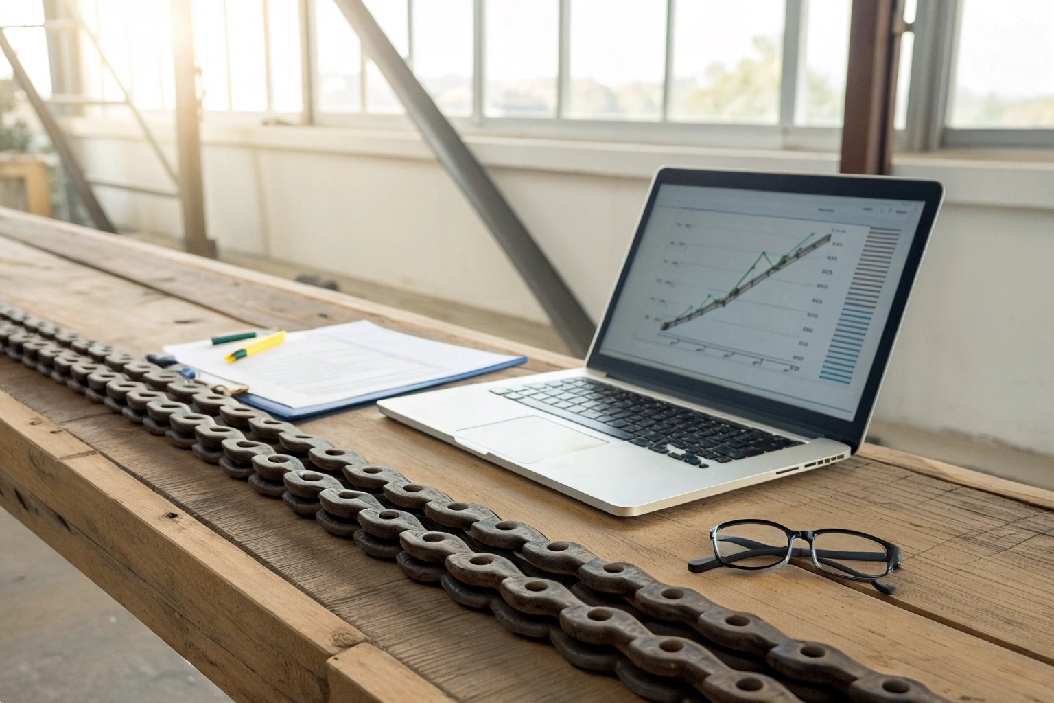 Laptop displaying data charts next to industrial chains on a wooden workbench in a workshop. Excavator Undercarriage Chain Maintenance Data Analysis on Workshop Bench